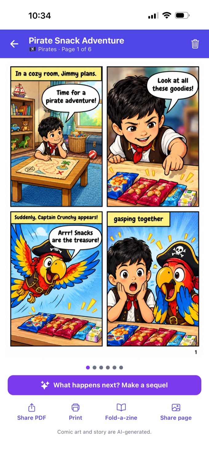 Pirate Snack Adventure — a comic book page in OUAN with four panels and speech bubbles starring your kid